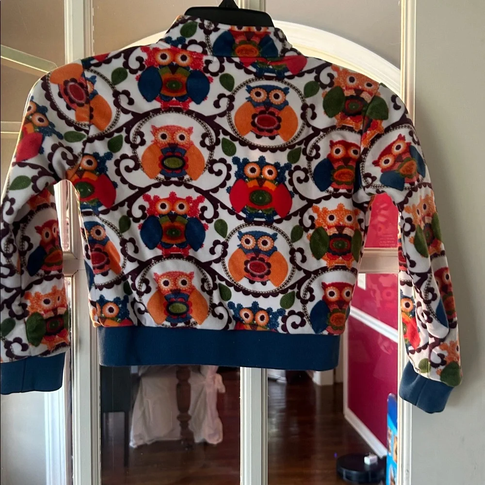 Jelly The Pug Multicolor Owl Print fleece  size 5 Crochet collection bomber